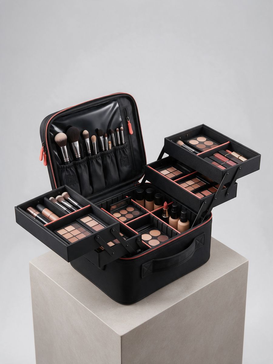 Maleta profesional de maquillaje abierta y organizada